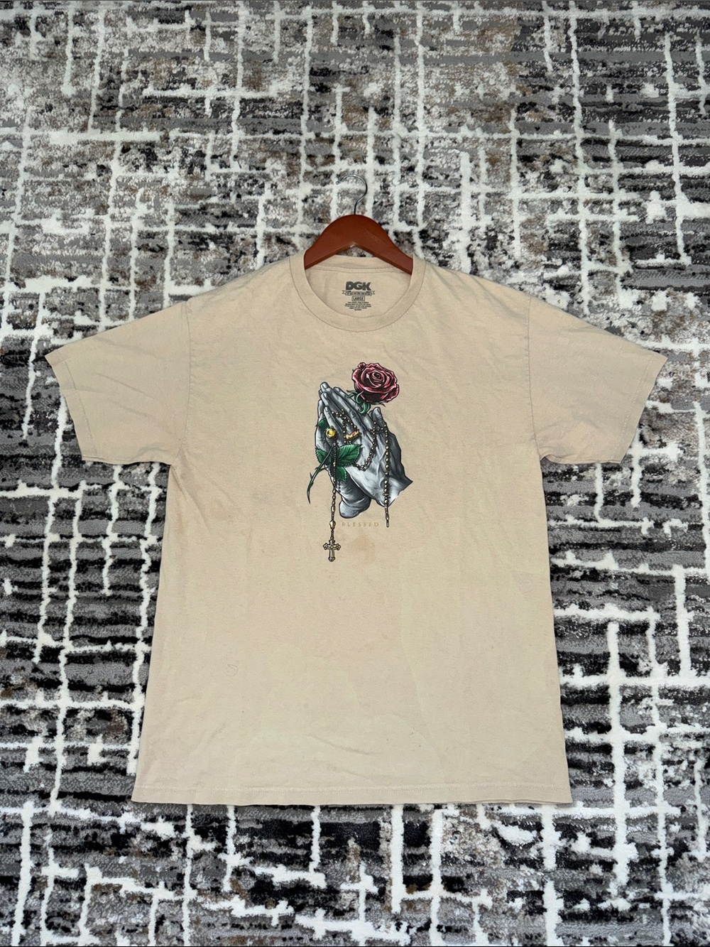 DGK Beige Tee with Rose and Praying Hands Graphic